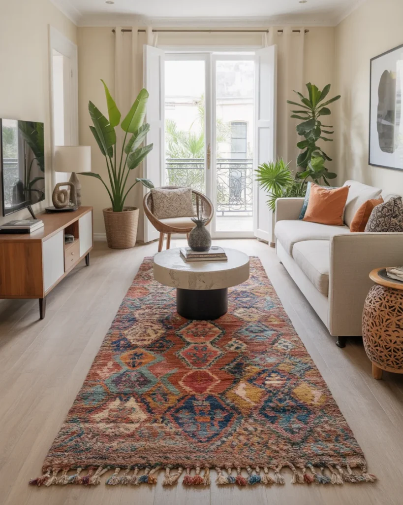 Stunning Moroccan Runner Rug Ideas for Every Space 4 Moroccan runner rug in a bright modern living room with large windows, plants, a neutral sofa, and a round marble coffee table.